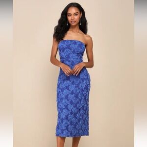 LULU’s Flawless Perfection Blue Floral Applique Strapless Midi Dress Size Small